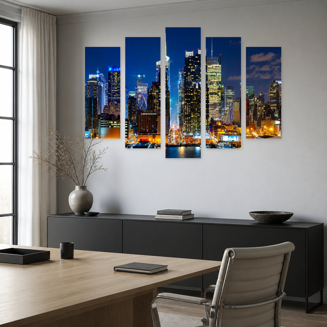 Nighttime Manhattan in Blue and Gold — five-panel wall art in frontal interior | 5wallart 55822 M3