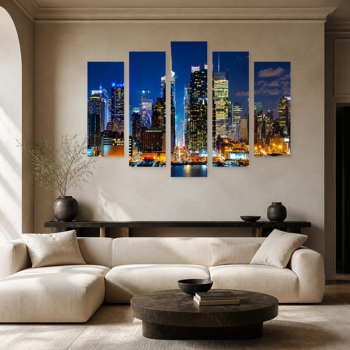 Nighttime Manhattan in Blue and Gold — five-panel wall art in alternate frontal interior | 5wallart 55822 M4