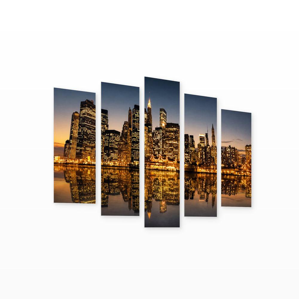 Golden Manhattan After Sunset — five-panel wall art on white background in perspective | 5wallart 55823 M1