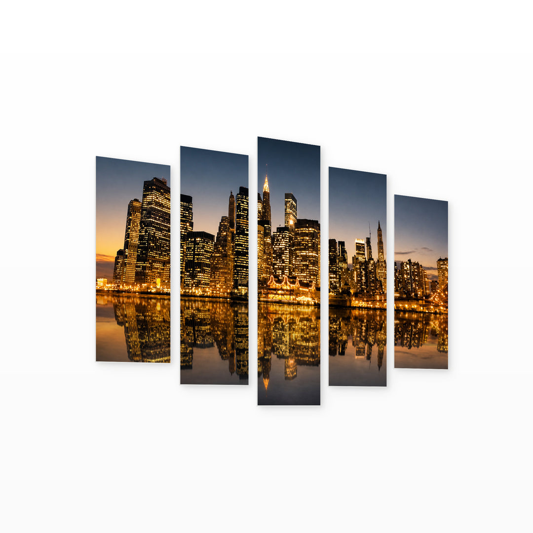 Golden Manhattan After Sunset — five-panel wall art on white background in perspective | 5wallart 55823 M1