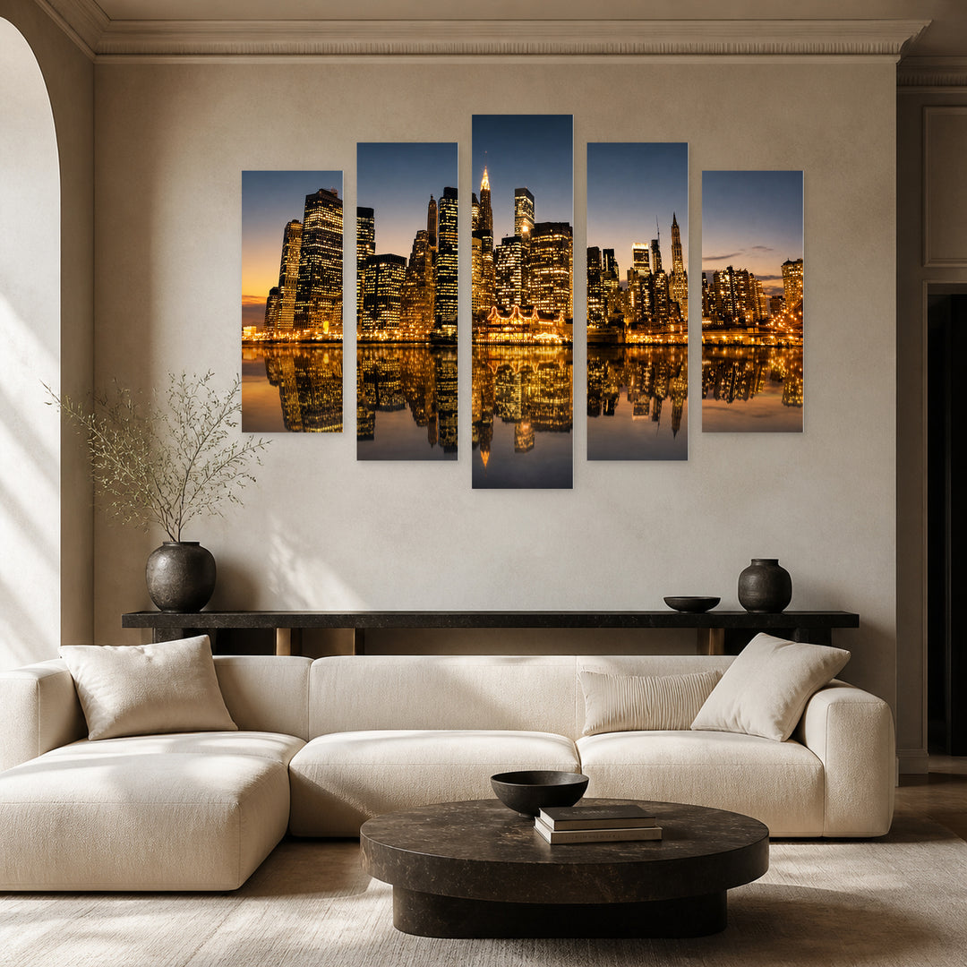 Golden Manhattan After Sunset — five-panel wall art in frontal interior | 5wallart 55823 M3