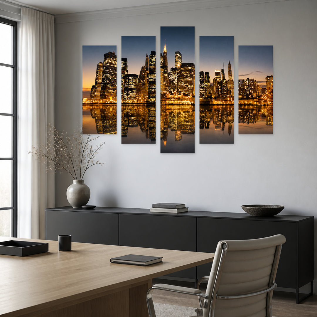 Golden Manhattan After Sunset — five-panel wall art in alternate frontal interior | 5wallart 55823 M4