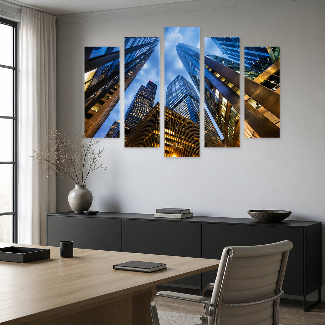 Chicago Skyscrapers Urban Panorama — five-panel wall art in frontal interior | 5wallart 55824 M3