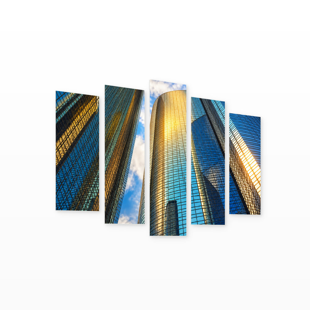 Reflection in Office Buildings in Blue and Gold — five-panel wall art on white background in perspective | 5wallart 55825 M1