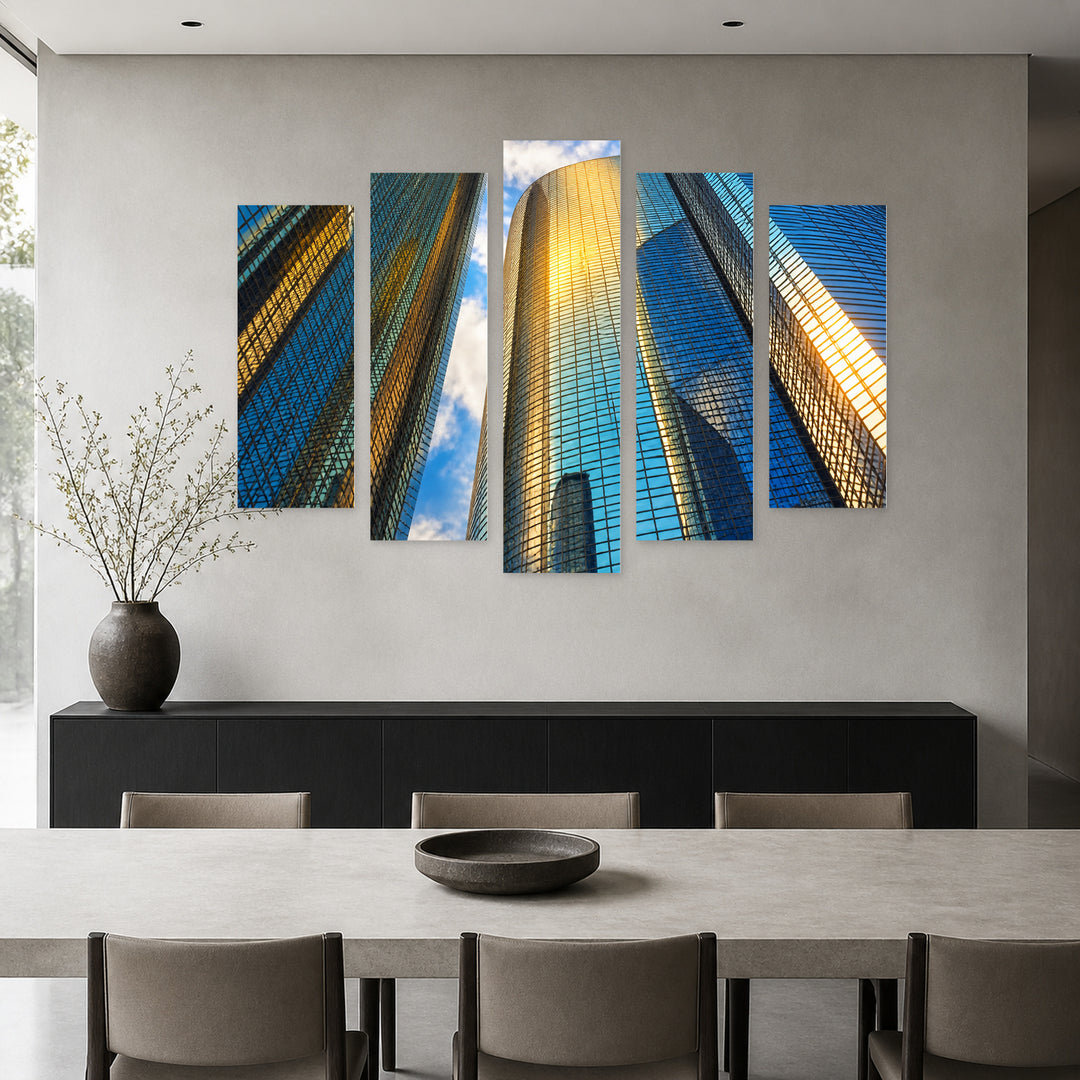 Reflection in Office Buildings in Blue and Gold — five-panel wall art in alternate frontal interior | 5wallart 55825 M4