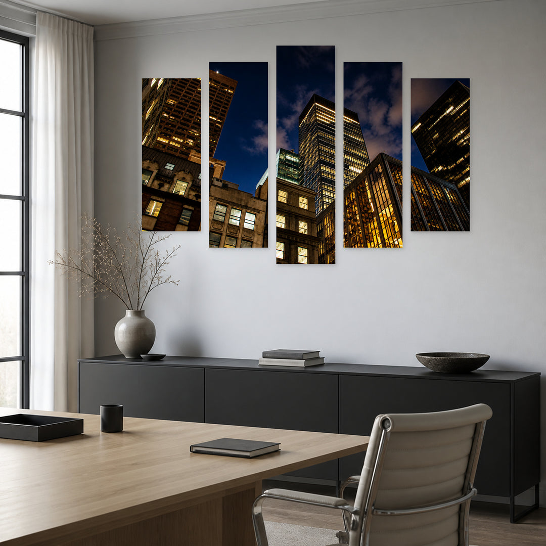 Manhattan, New York at Night — five-panel wall art in frontal interior | 5wallart 55826 M3