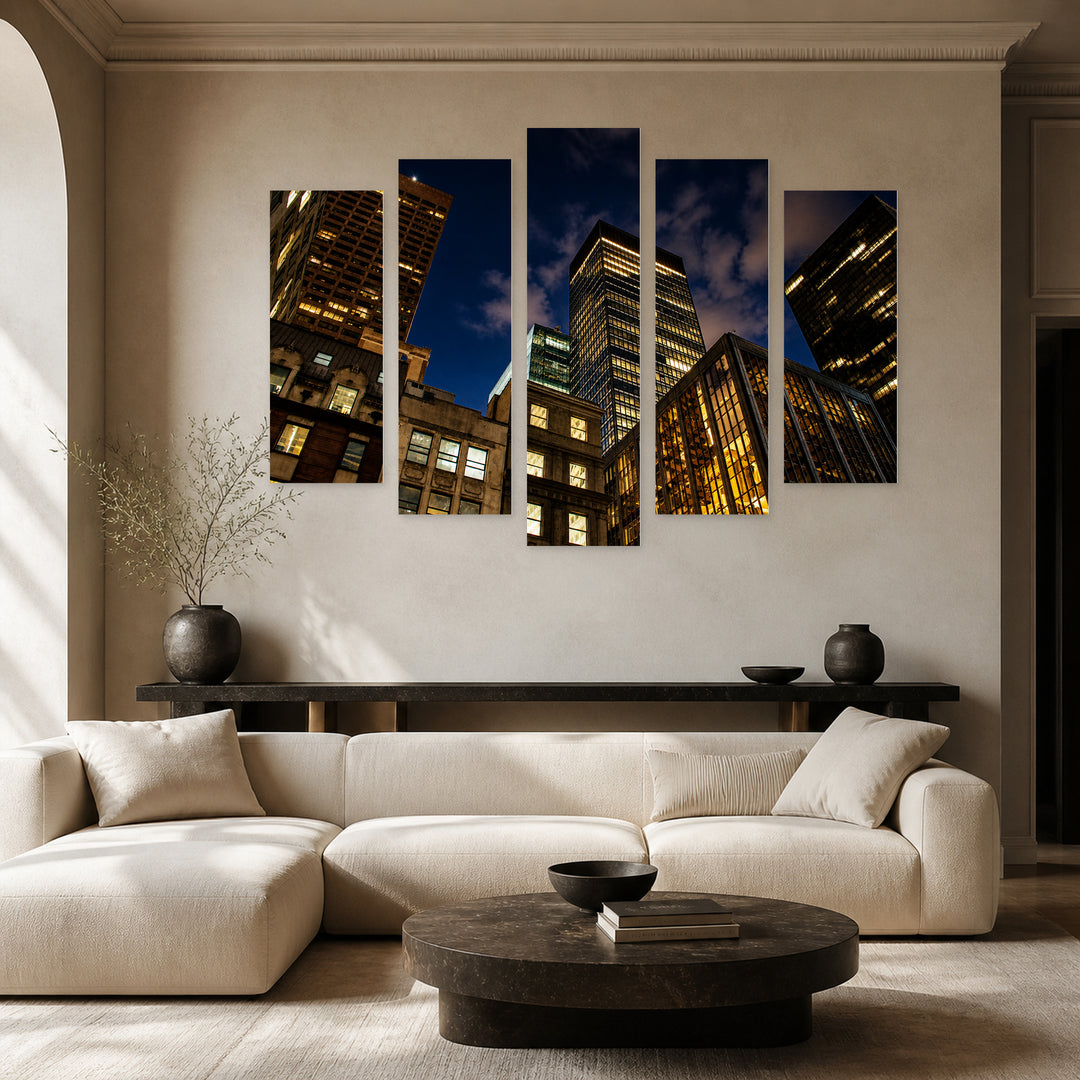 Manhattan, New York at Night — five-panel wall art in alternate frontal interior | 5wallart 55826 M4