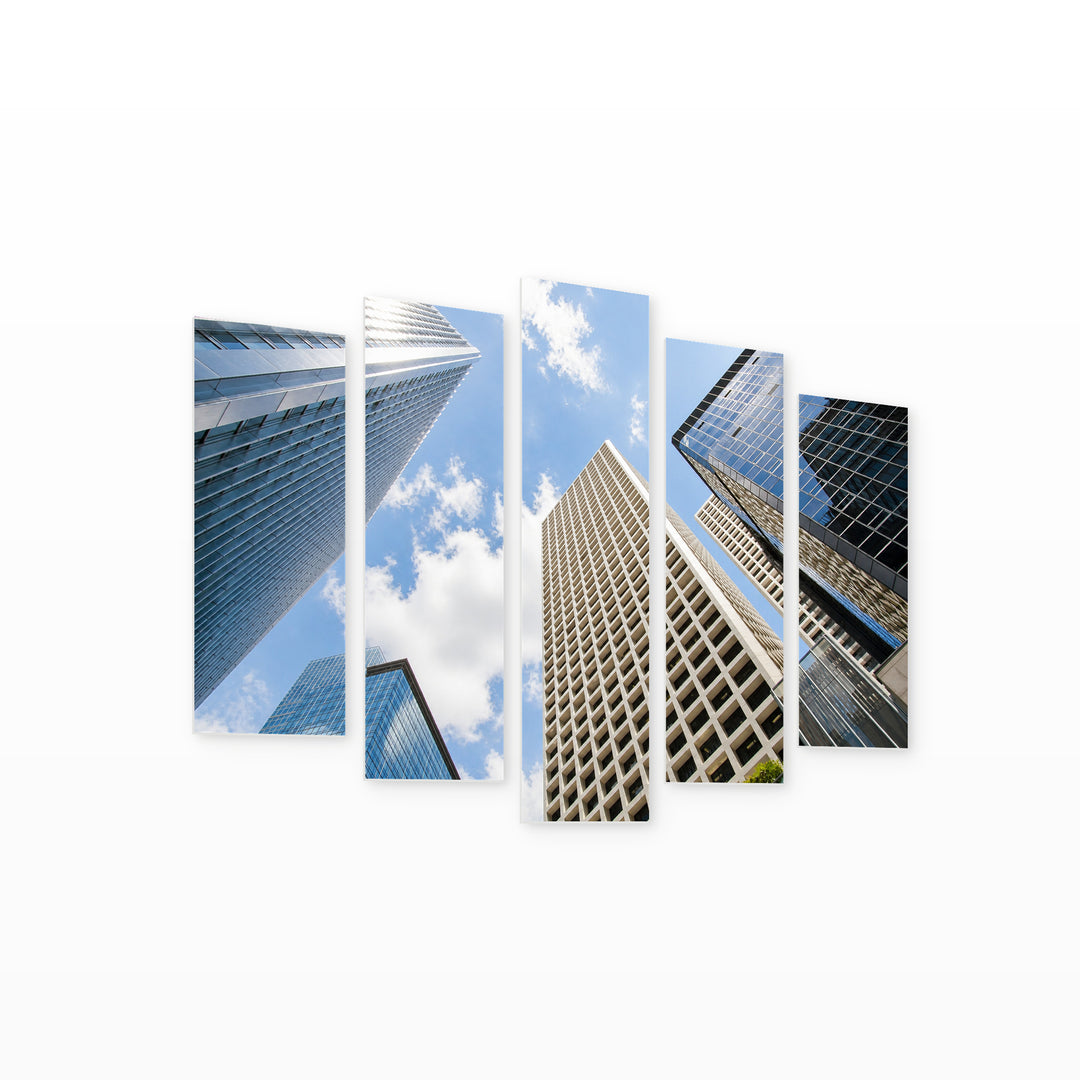 Modern Glass Urban Buildings with Geometric Rhythm — five-panel wall art on white background in perspective | 5wallart 55827 M1