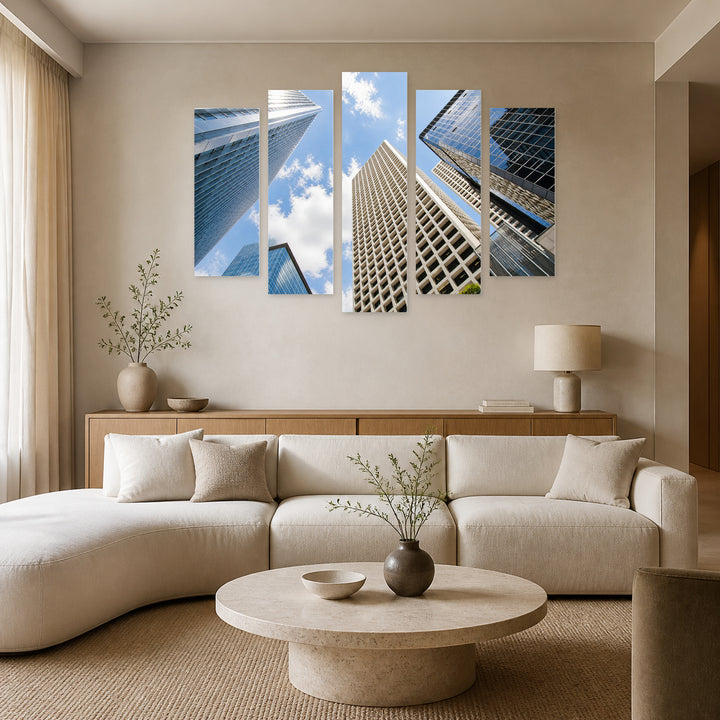 Modern Glass Urban Buildings with Geometric Rhythm — five-panel wall art in frontal interior | 5wallart 55827 M3