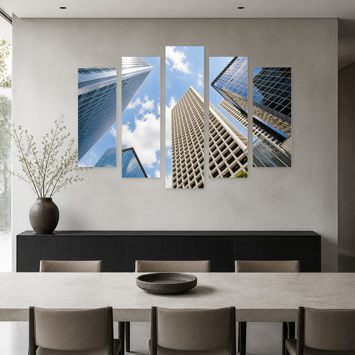 Modern Glass Urban Buildings with Geometric Rhythm — five-panel wall art in alternate frontal interior | 5wallart 55827 M4