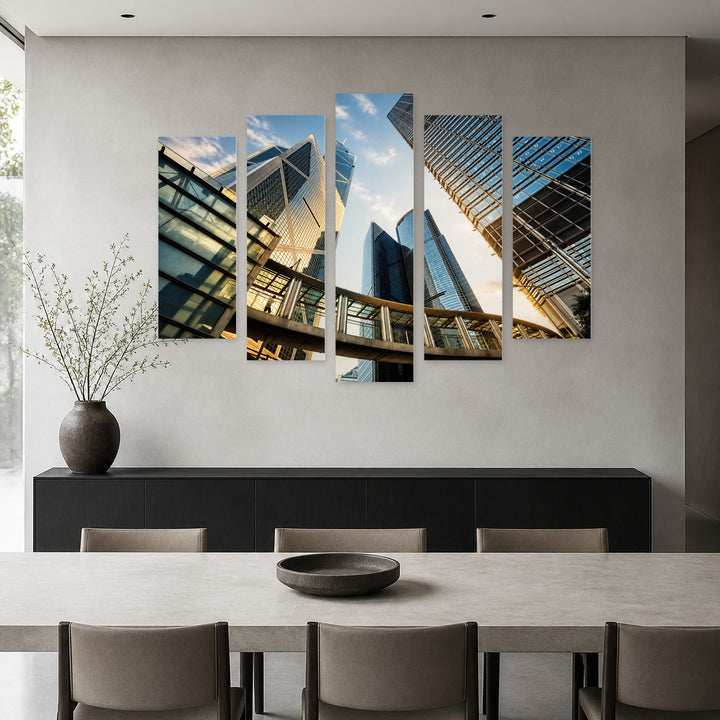 Skyscrapers in Hong Kong in Blue and Gold — five-panel wall art in frontal interior | 5wallart 55828 M3