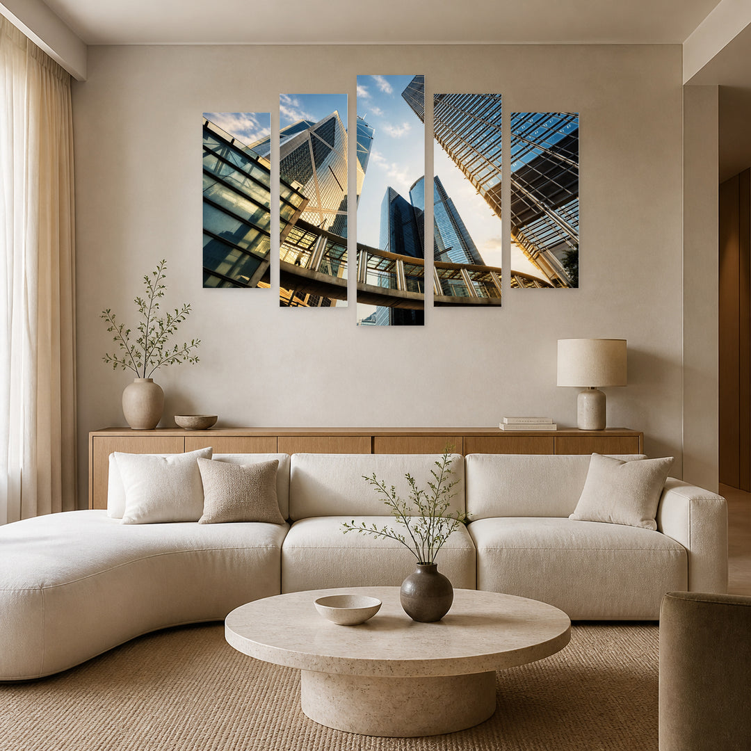 Skyscrapers in Hong Kong in Blue and Gold — five-panel wall art in alternate frontal interior | 5wallart 55828 M4