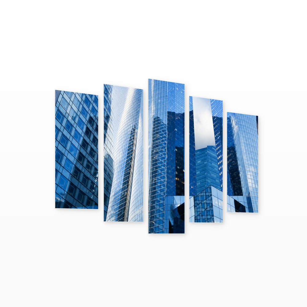 Glass Business Buildings with Geometric Rhythm — five-panel wall art on white background in perspective | 5wallart 55829 M1