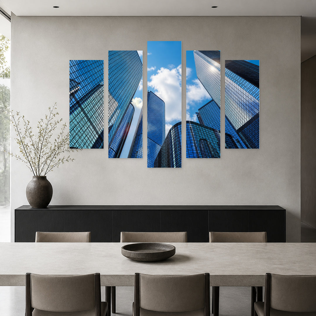 Modern Business Buildings with Geometric Rhythm — five-panel wall art in frontal interior | 5wallart 55830 M3