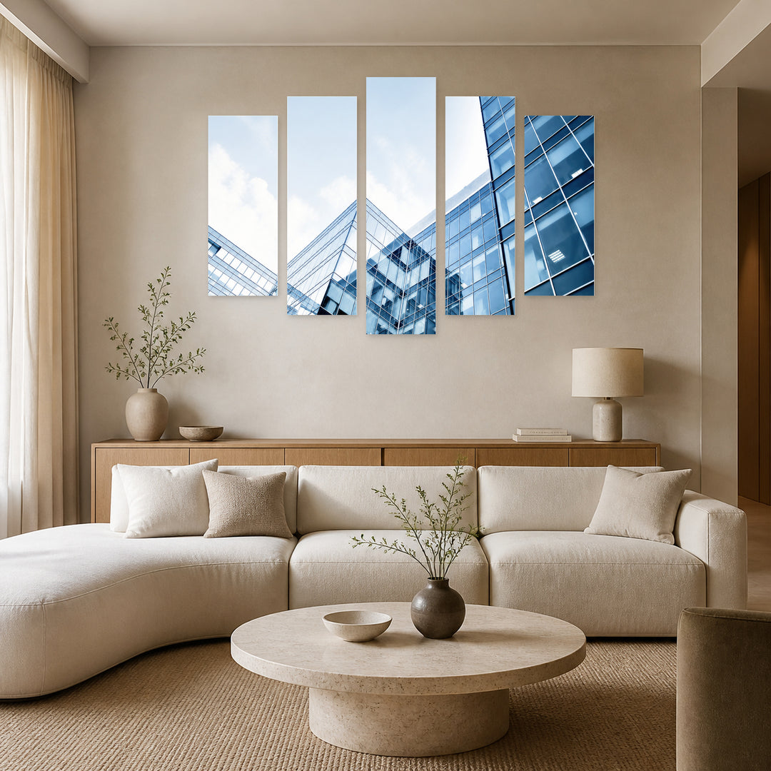 Modern Business Center with Geometric Rhythm — five-panel wall art in frontal interior | 5wallart 55831 M3