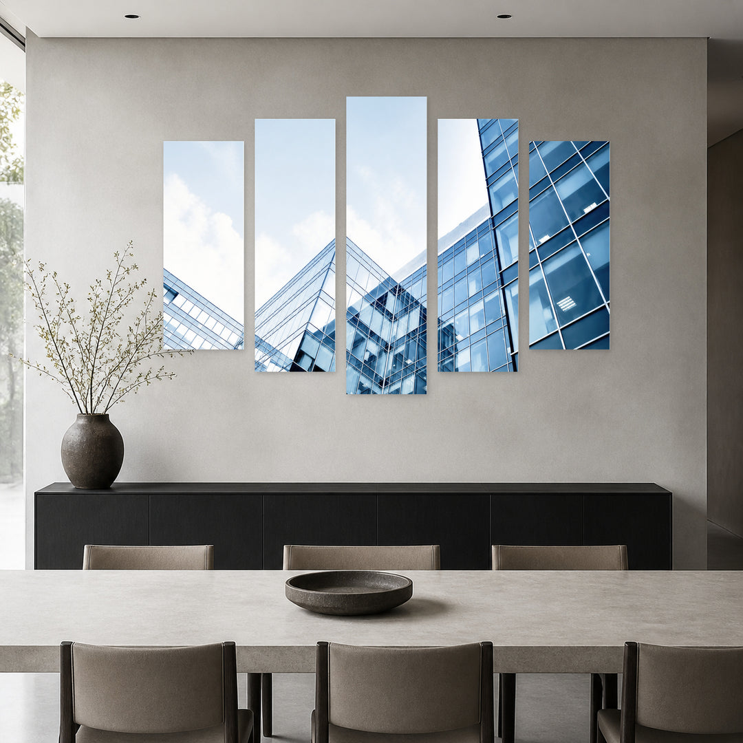 Modern Business Center with Geometric Rhythm — five-panel wall art in alternate frontal interior | 5wallart 55831 M4