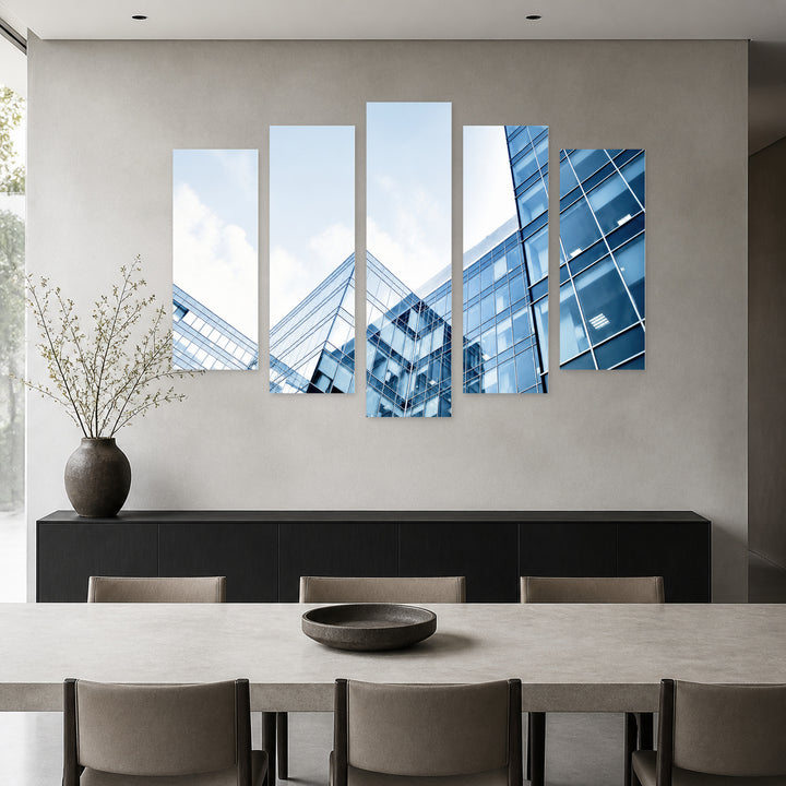 Modern Business Center with Geometric Rhythm — five-panel wall art in alternate frontal interior | 5wallart 55831 M4