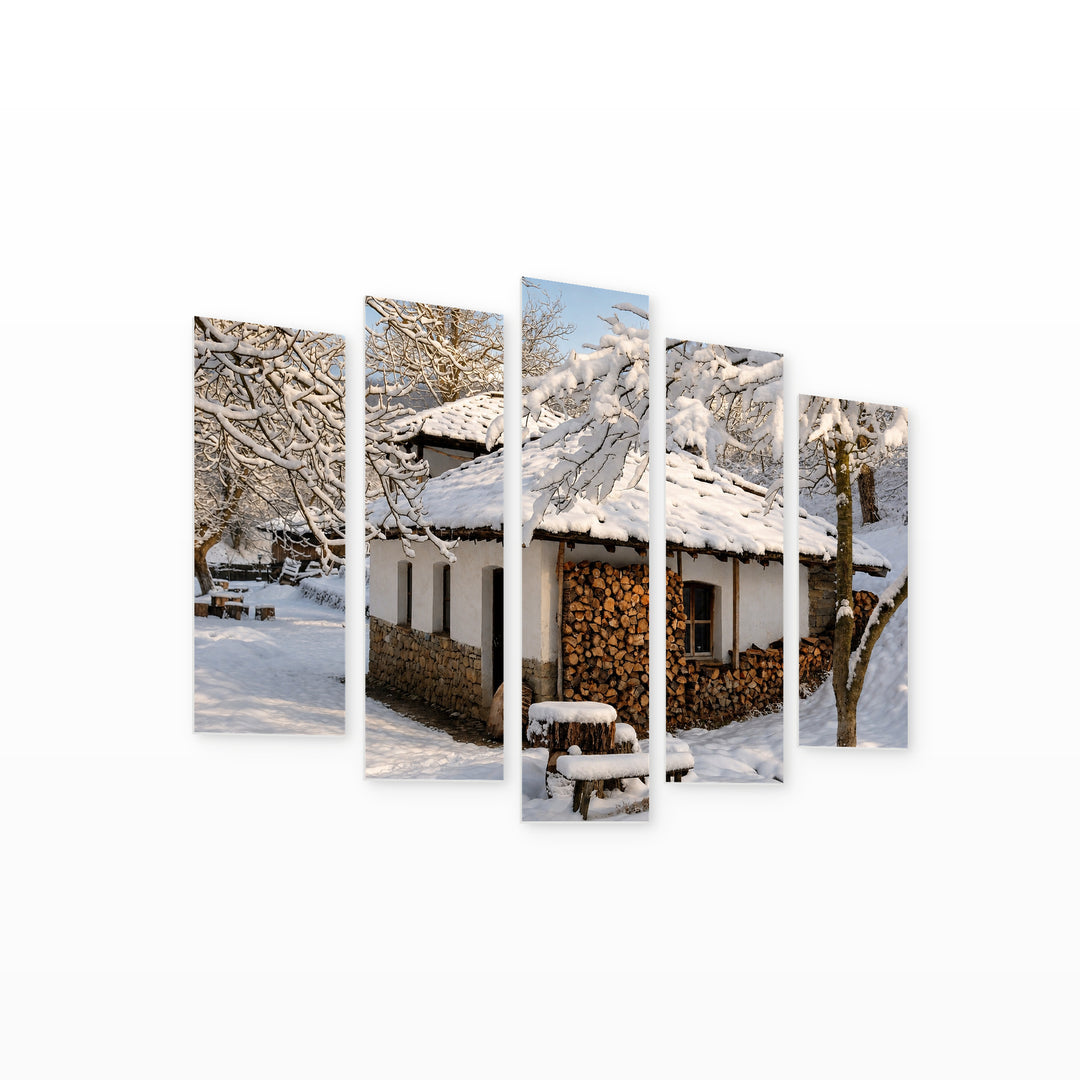 Snowy Mill in Serene Light — five-panel wall art on white background in perspective | 5wallart 55832 M1