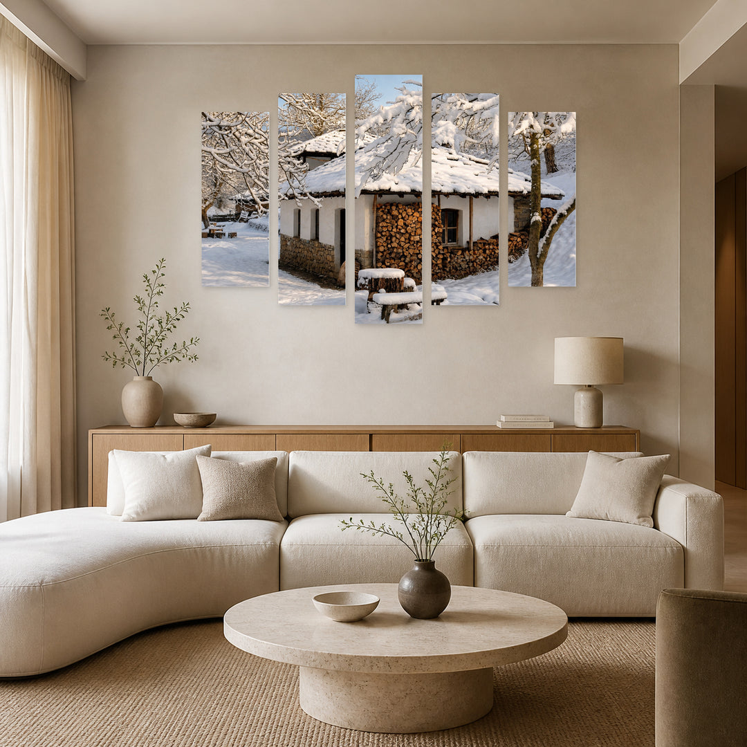 Snowy Mill in Serene Light — five-panel wall art in alternate frontal interior | 5wallart 55832 M4