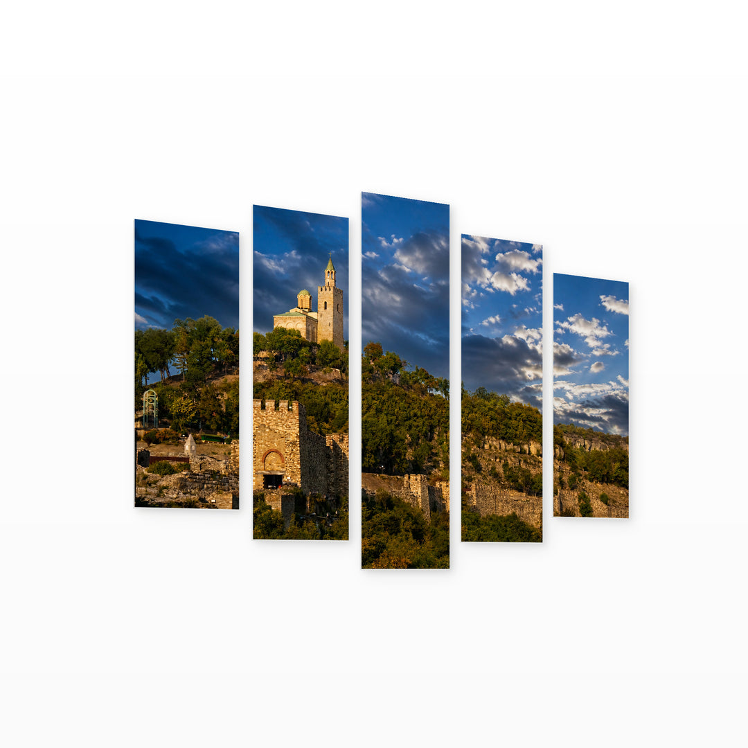 Tsarevets Fortress with Dramatic Contrast — five-panel wall art on white background in perspective | 5wallart 55833 M1