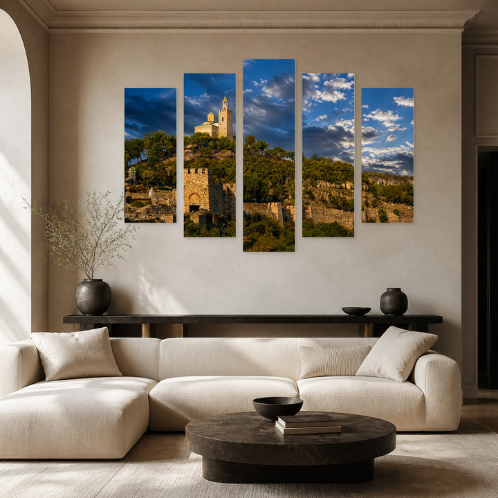 Tsarevets Fortress with Dramatic Contrast — five-panel wall art in frontal interior | 5wallart 55833 M3
