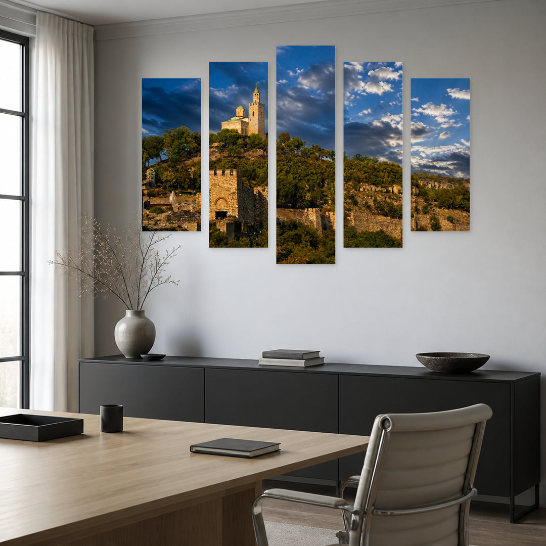 Tsarevets Fortress with Dramatic Contrast — five-panel wall art in alternate frontal interior | 5wallart 55833 M4