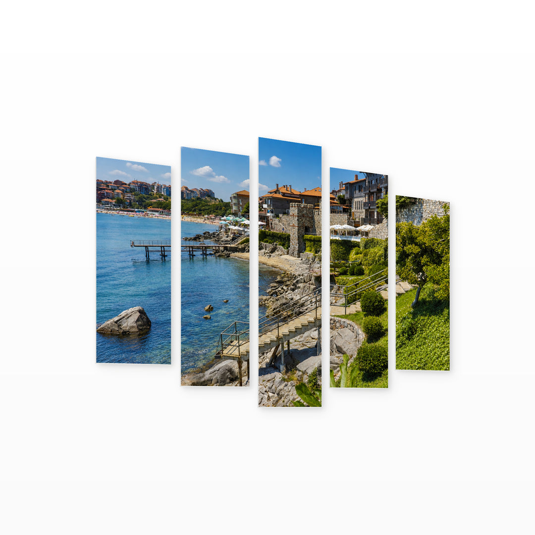 View of the Town of Sozopol Coastal Panorama — five-panel wall art on white background in perspective | 5wallart 55836 M1