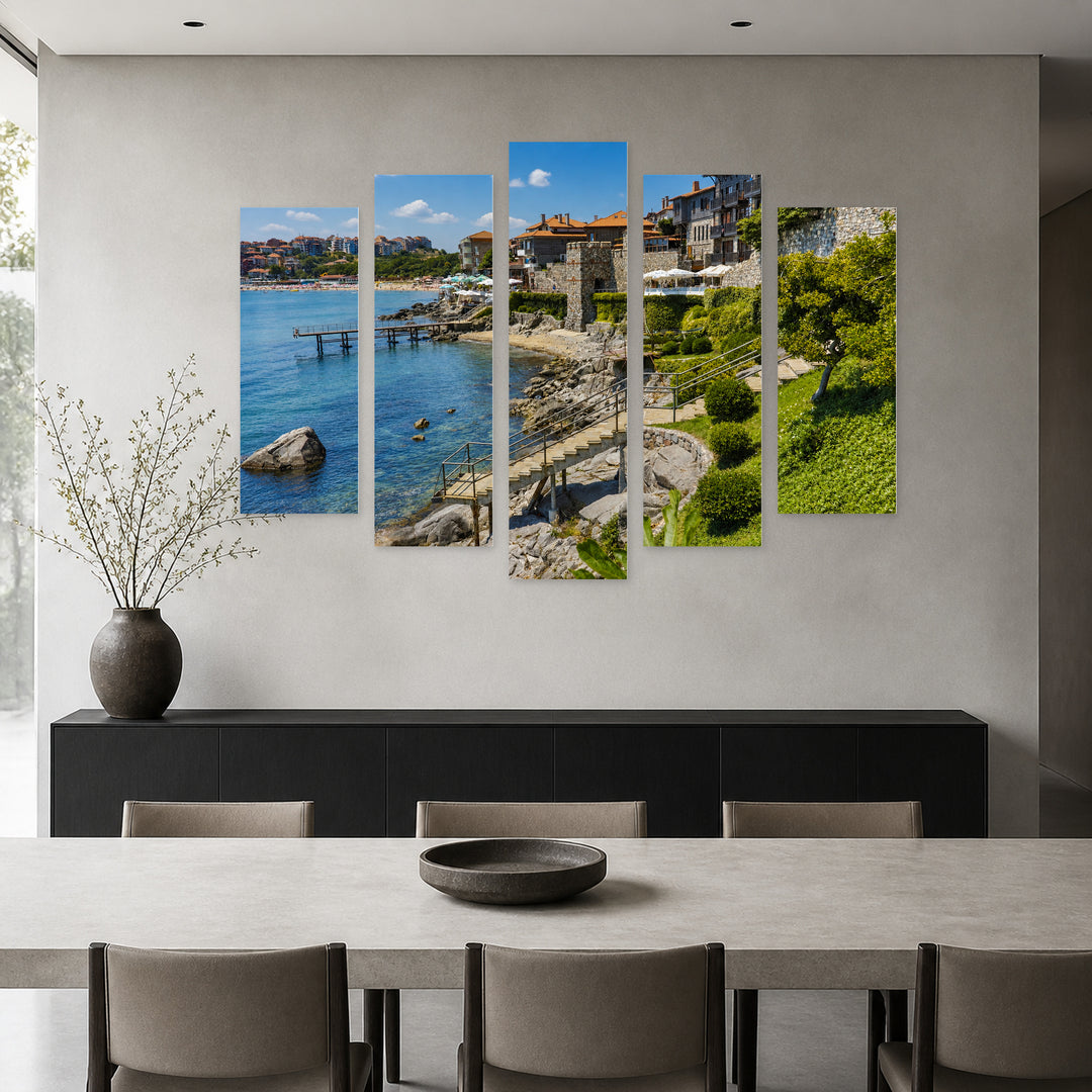 View of the Town of Sozopol Coastal Panorama — five-panel wall art in frontal interior | 5wallart 55836 M3