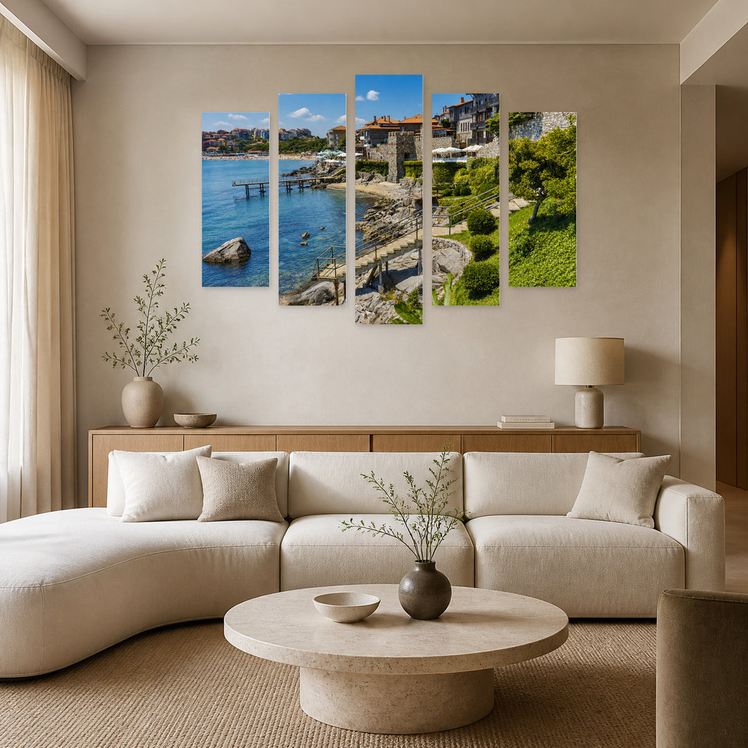 View of the Town of Sozopol Coastal Panorama — five-panel wall art in alternate frontal interior | 5wallart 55836 M4