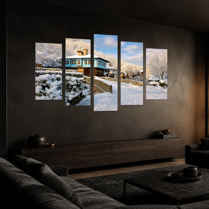 Snowy Fairy Tale with Dreamlike Atmosphere — five-panel wall art in perspective interior | 5wallart 55837 M2