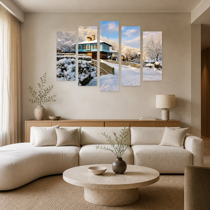 Snowy Fairy Tale with Dreamlike Atmosphere — five-panel wall art in frontal interior | 5wallart 55837 M3