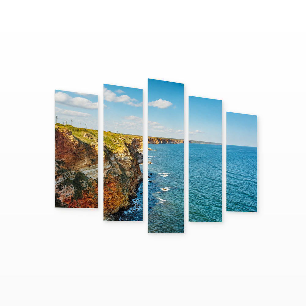 Cape Kaliakra in Blue and Gold — five-panel wall art on white background in perspective | 5wallart 55838 M1