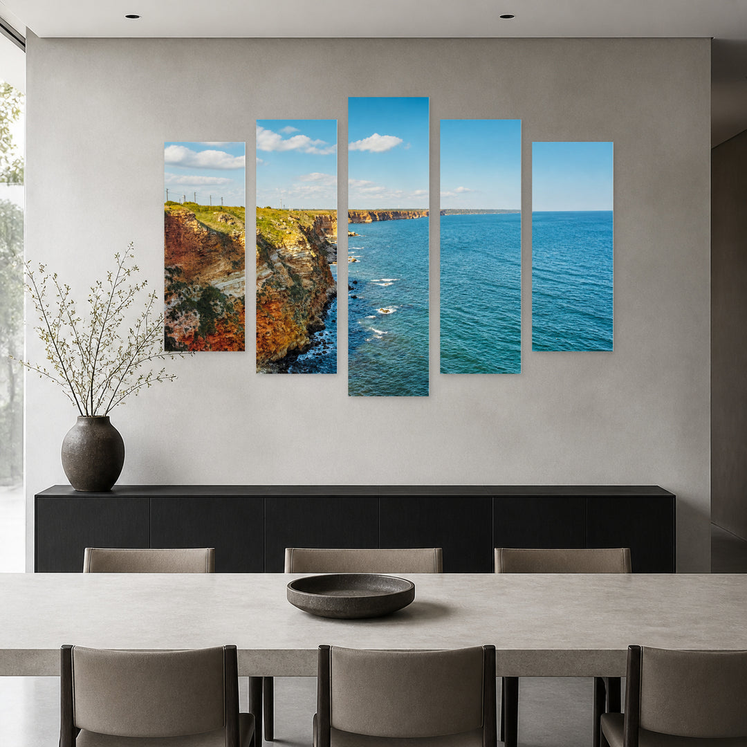 Cape Kaliakra in Blue and Gold — five-panel wall art in frontal interior | 5wallart 55838 M3