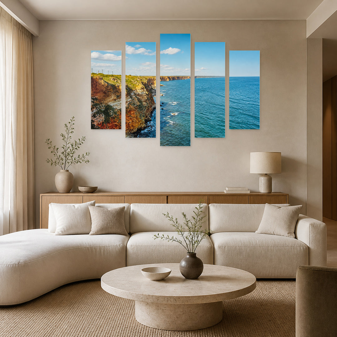 Cape Kaliakra in Blue and Gold — five-panel wall art in alternate frontal interior | 5wallart 55838 M4