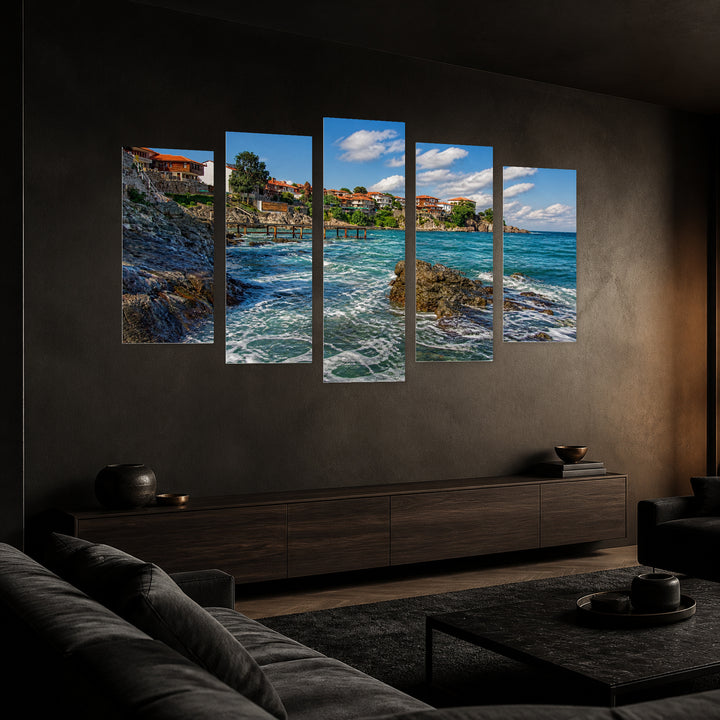 Somewhere on the Black Sea in Serene Light — five-panel wall art in perspective interior | 5wallart 55839 M2
