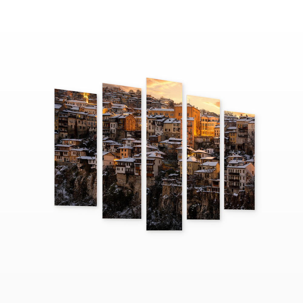 Veliko Tarnovo at Golden Sunset — five-panel wall art on white background in perspective | 5wallart 55841 M1