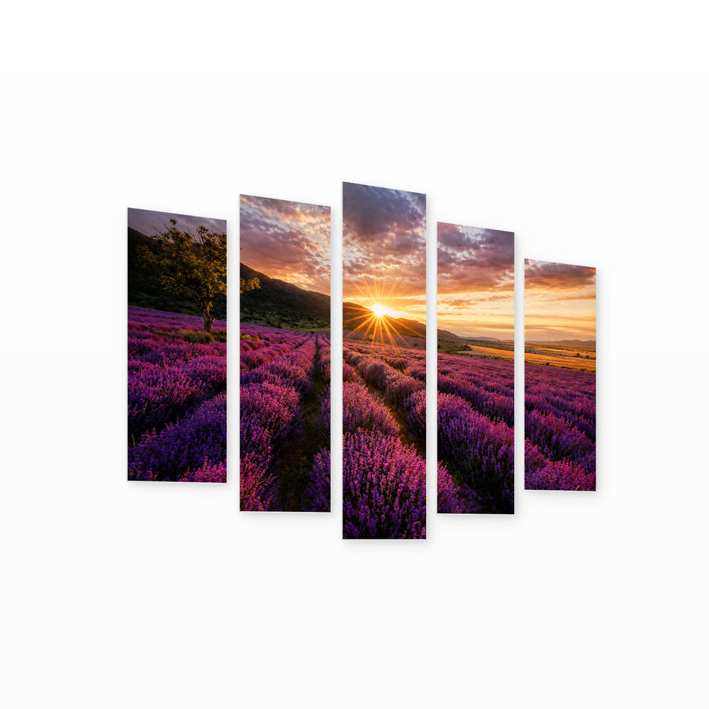 Lavender Dawn with Dreamlike Atmosphere — five-panel wall art on white background in perspective | 5wallart 55842 M1
