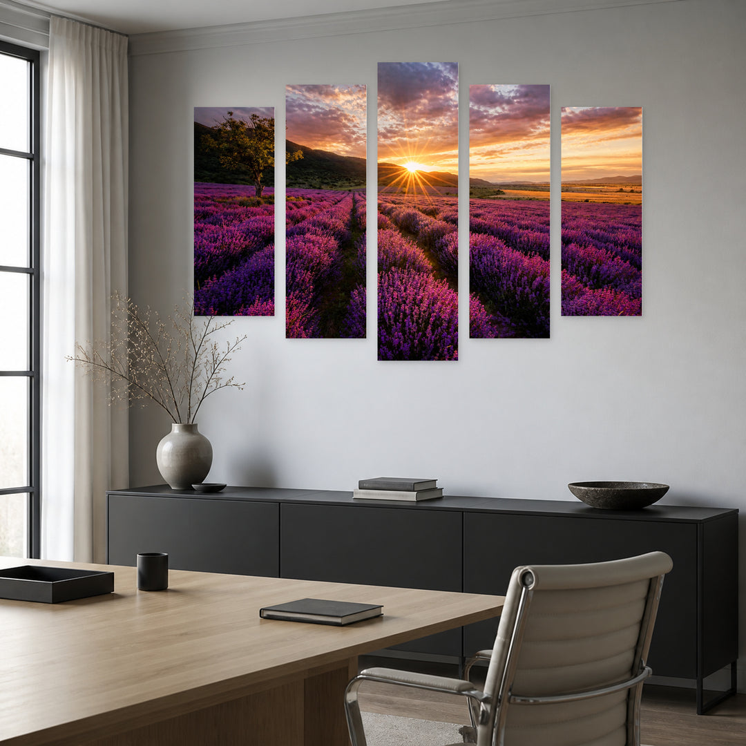 Lavender Dawn with Dreamlike Atmosphere — five-panel wall art in frontal interior | 5wallart 55842 M3