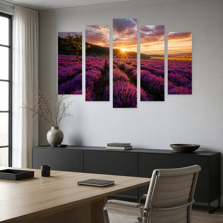 Lavender Dawn with Dreamlike Atmosphere — five-panel wall art in frontal interior | 5wallart 55842 M3