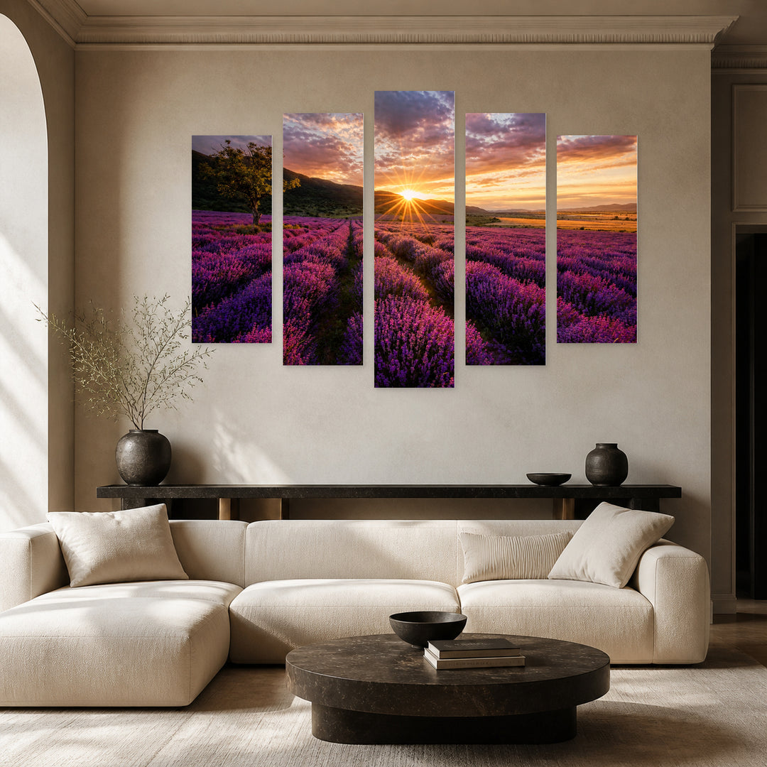 Lavender Dawn with Dreamlike Atmosphere — five-panel wall art in alternate frontal interior | 5wallart 55842 M4