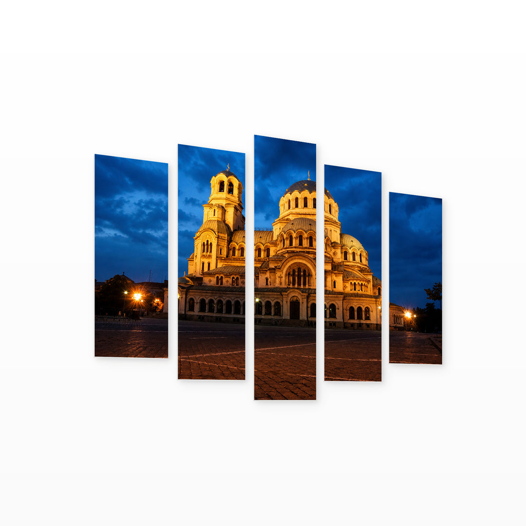 Night View of Alexander Nevsky Cathedral Urban Panorama — five-panel wall art on white background in perspective | 5wallart 55844 M1