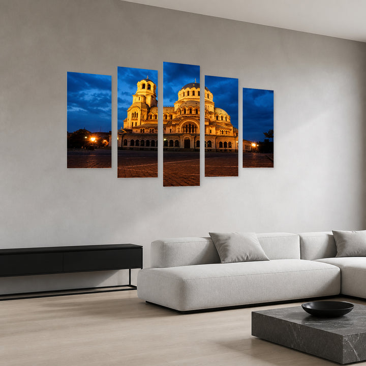 Night View of Alexander Nevsky Cathedral Urban Panorama — five-panel wall art in perspective interior | 5wallart 55844 M2
