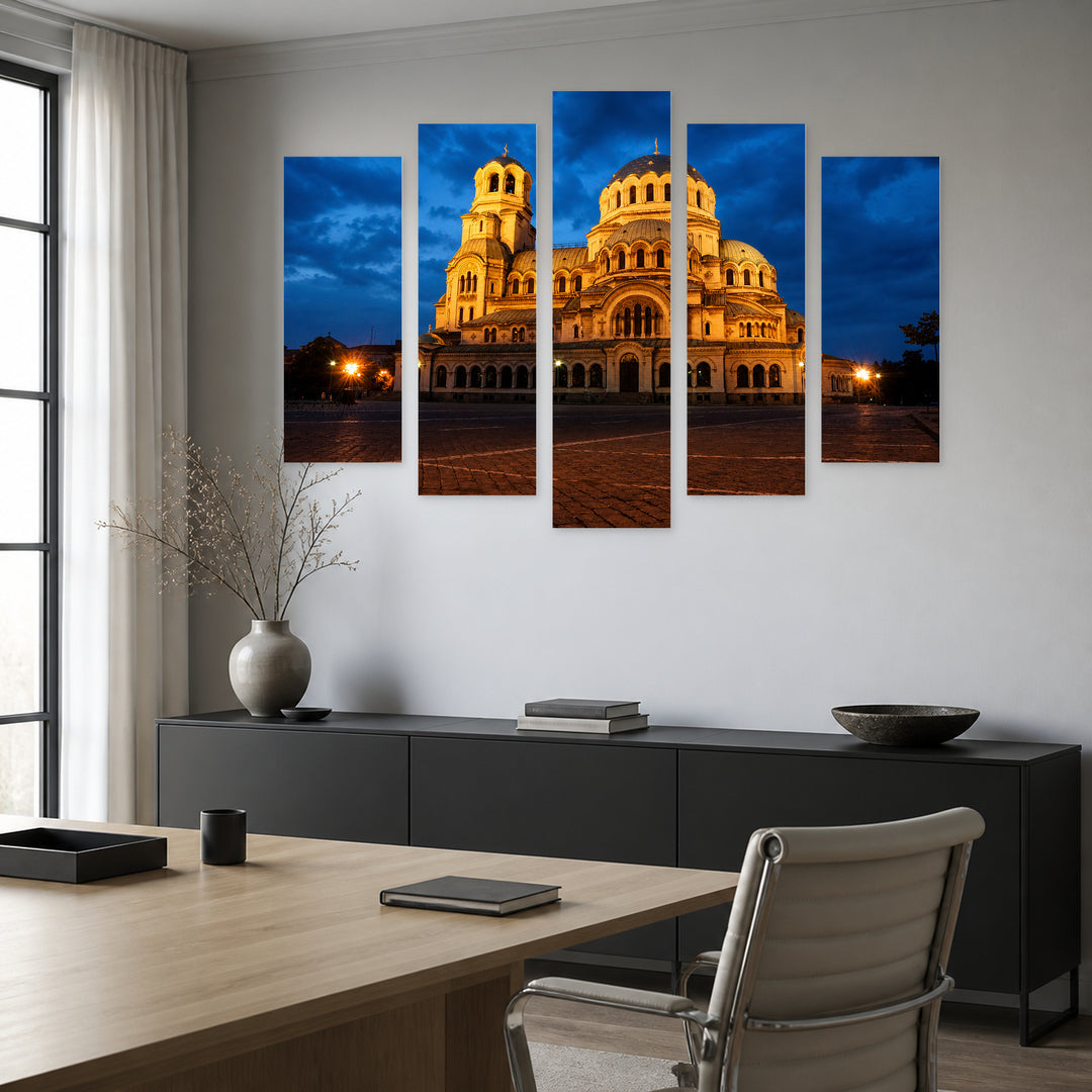Night View of Alexander Nevsky Cathedral Urban Panorama — five-panel wall art in frontal interior | 5wallart 55844 M3