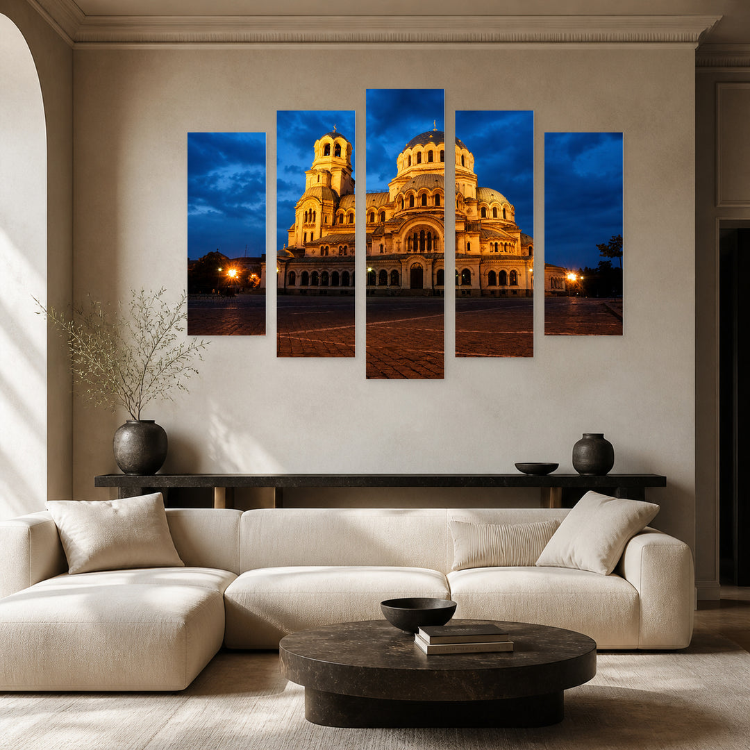 Night View of Alexander Nevsky Cathedral Urban Panorama — five-panel wall art in alternate frontal interior | 5wallart 55844 M4