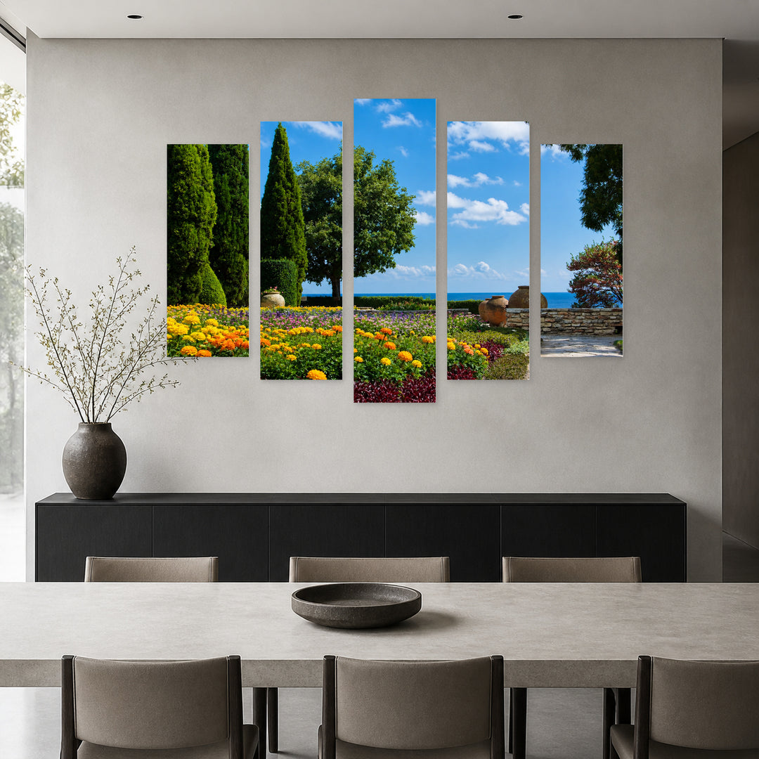 Botanical Garden in Balchik in Vivid Color — five-panel wall art in alternate frontal interior | 5wallart 55845 M4