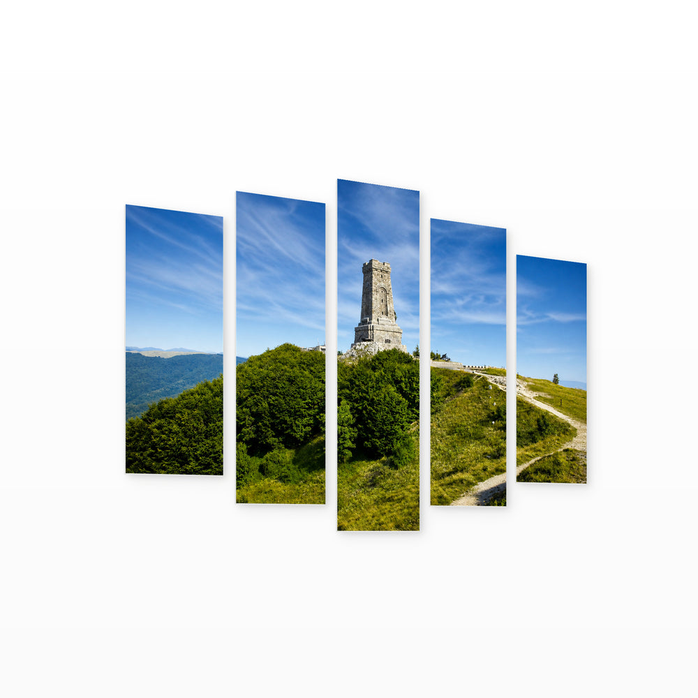 Memorial View of Shipka Peak with Geometric Rhythm — five-panel wall art on white background in perspective | 5wallart 55848 M1