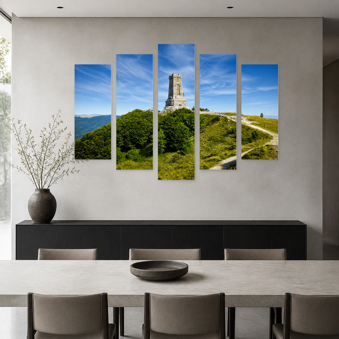 Memorial View of Shipka Peak with Geometric Rhythm — five-panel wall art in frontal interior | 5wallart 55848 M3