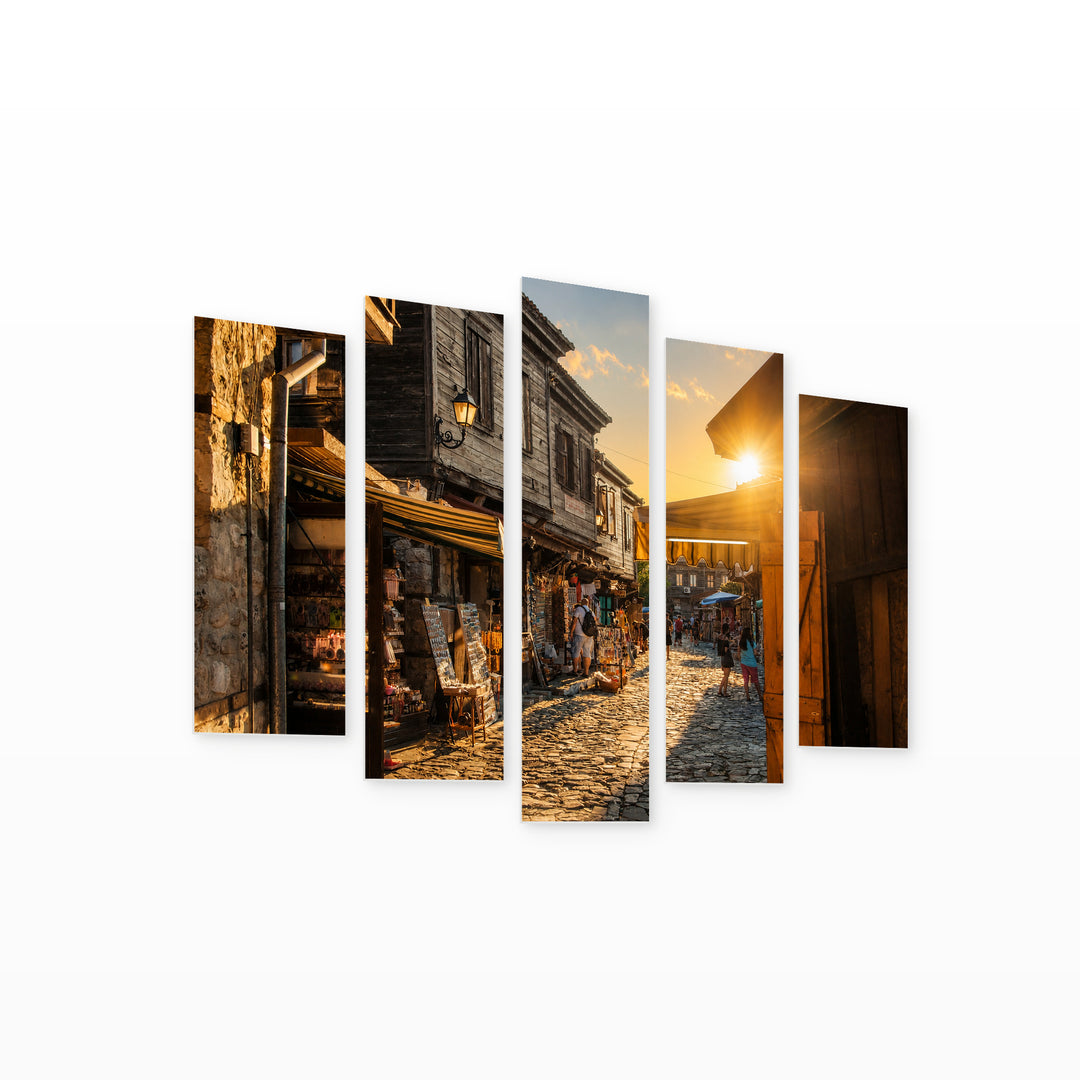 Golden Sunset over Nessebar — five-panel wall art on white background in perspective | 5wallart 55849 M1