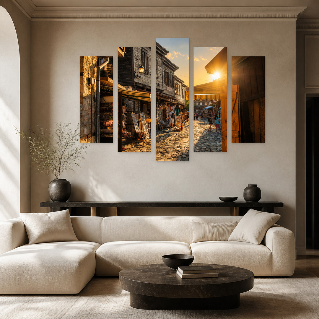 Golden Sunset over Nessebar — five-panel wall art in frontal interior | 5wallart 55849 M3