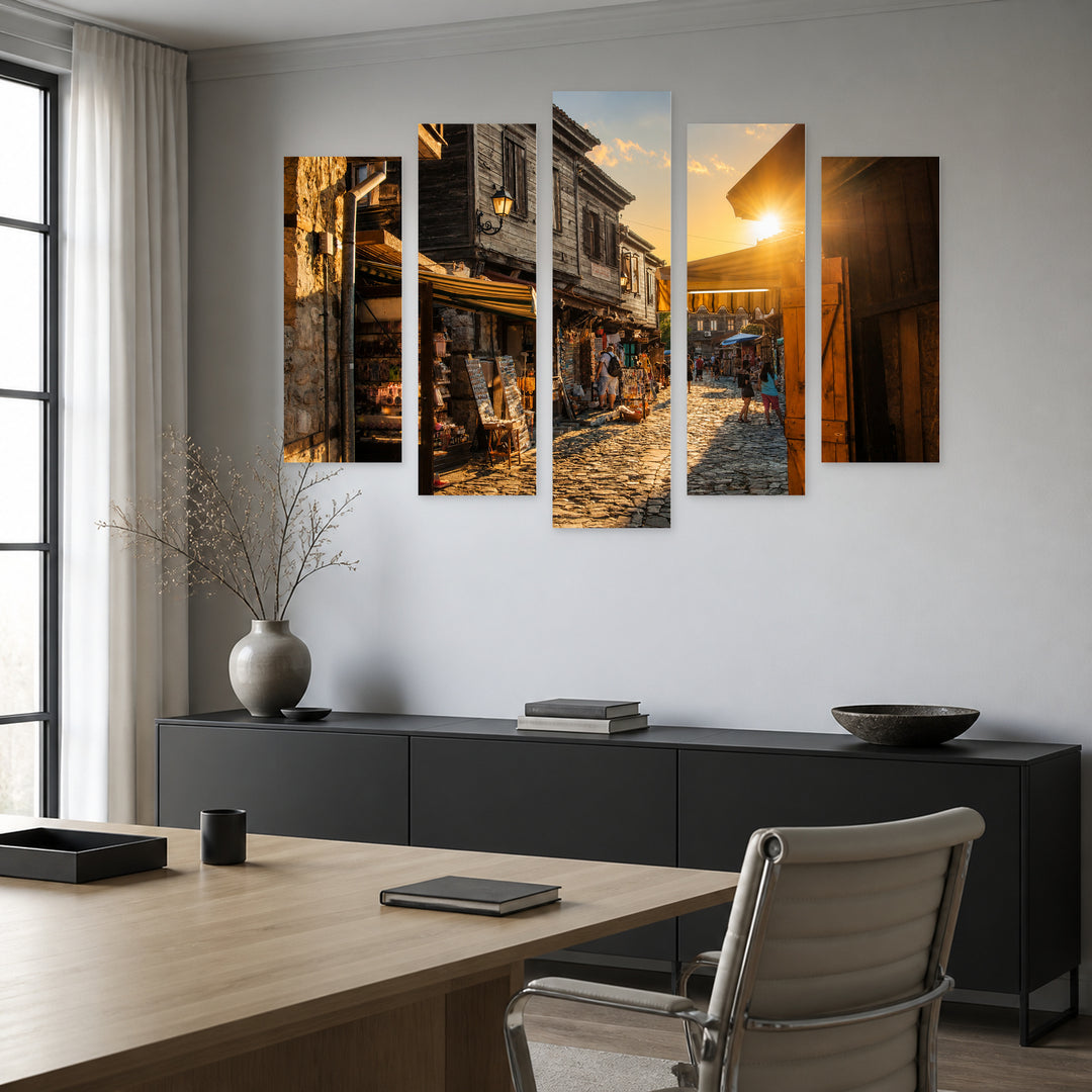 Golden Sunset over Nessebar — five-panel wall art in alternate frontal interior | 5wallart 55849 M4